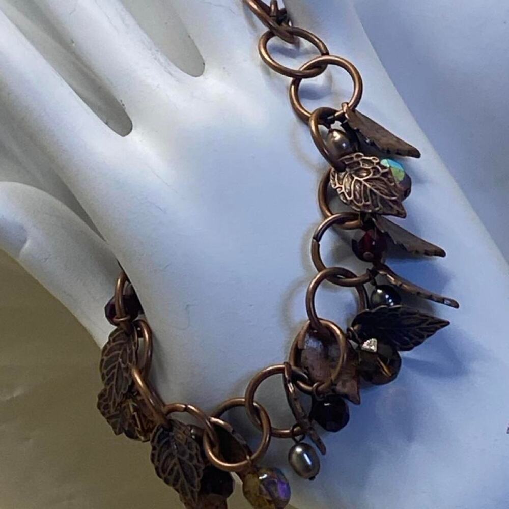 Vintage Copper Tone Leaf Charm Bracelet Autumn Woodland Beaded Toggle